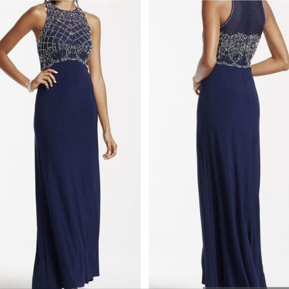 Cachet Embellished Navy Blue Long Dress Gown Size 10 - Picture 1 of 8